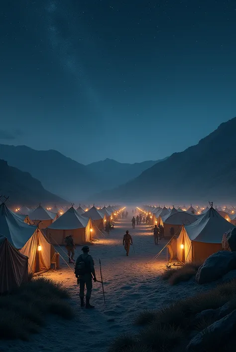 (photorealism:1.2), Indian Army soldiers camp.  The time is night. Its so many tent