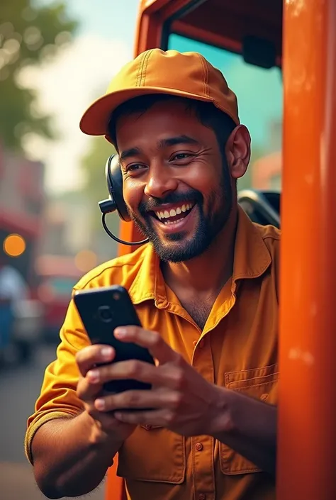 Happy bangladeshi truck driver is calling in  smartphone with an orange color theme

