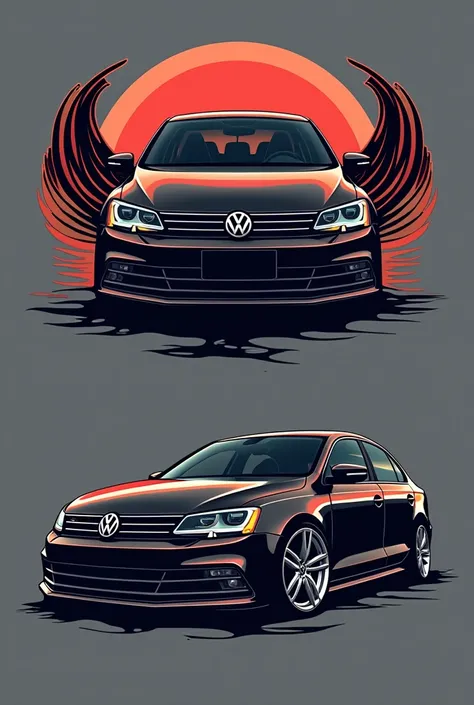 Give me a logo for a car audio club, containing the silhouette of a jetta mk6 and 2 horns with a mascot snake or hz waves 