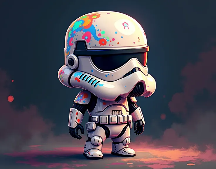 Generate a chibi doll, Multicolor, polychromatic, Abstract, the un Stormtrooper de Star Wars, on a dark background