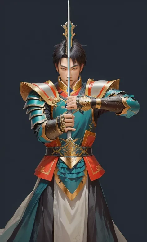 1 Chinese style knight，Sharp eyes，Staring at the sword in his hand，Turquoise armor，Depth of Field，Atmospheric distance，最high quality, 8K, masterpiece: 1.3, Ultra HD, high quality, 最high quality, high resolution,