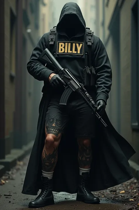 Military man dressed in black with AK-103 rifle with a gun-like face on his right leg and a large patch on his chest that says BILLY