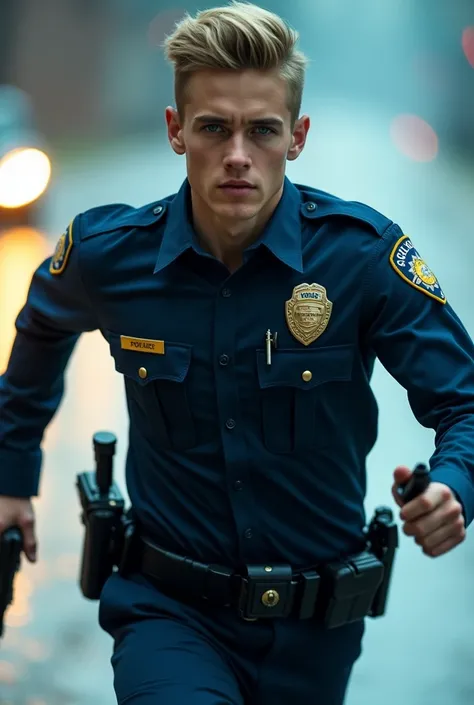 Young man who looks like he&#39;s 20 years old, short blonde hair slicked back, blue eyes, wearing blue police uniform, running as if he was chasing someone and holding a gun with both hands, Necessary, high details, masterpiece, conceptual art, Photoreali...