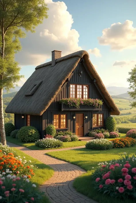 a cozy danish family house with a thatched roof, inviting and warm, beautiful detailed windows,beautiful detailed exterior,idyllic countryside landscape,rolling hills,lush greenery,blooming flowers,natural sunlight,calming atmosphere,peaceful,tranquil,(bes...