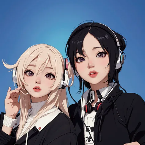 they are two people with headphones on posing for a picture, album art, ulzzang, anime realistic