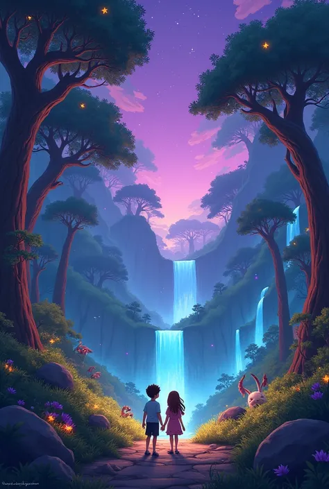 In an instant, Leo and Lily find themselves standing in a mystical forest, filled with towering trees with glowing leaves, magical creatures like unicorns and talking rabbits, and shimmering waterfalls. The sky above them is deep purple with twinkling star...