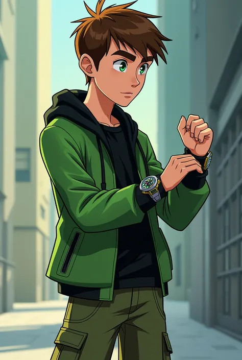 Ben 10 watching his watch in his iconic outfit, standing