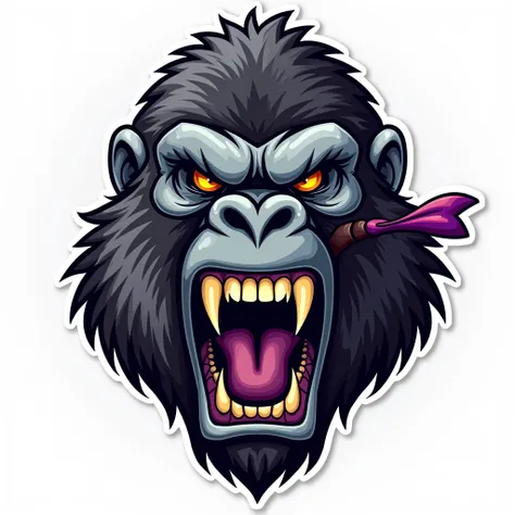 realism, Angry gorilla face with open mouth, big teeth, yellow eyes, muscular, centered, blurred edges, drawing, hyperrealism, Logo, purple, negro, silver, white background, sticker, racing waving flag