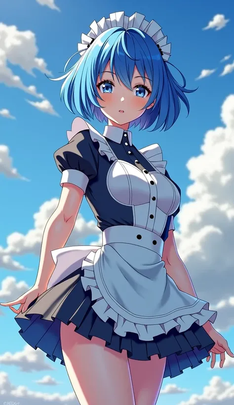 Young woman with Japanese features, short blue hair, sky blue eyes, athletic body in short maid dress 