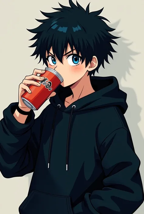 cool, boy, drink soda, bad boy, blue eyes, black hair with a bracelet, in a black hoodie, anime, pfp, flat expression, and serious normal eyes, no blush, 1