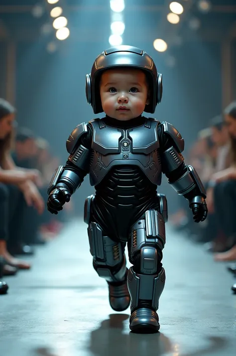 an adorable  baby, real wearing the actors costume from the Robot Cop movie, the costume in the same color as the actor wore in the Robot CoP movie, the baby parading on the catwalk ultra realistic moving camera 4k