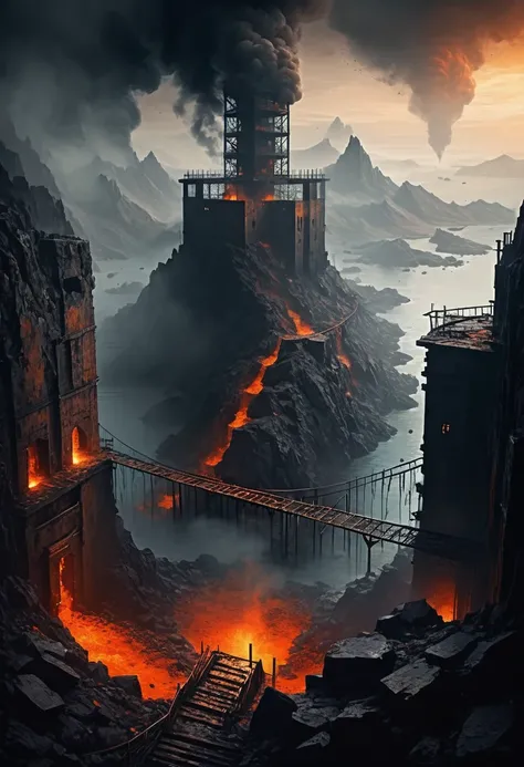 Hellish atmosphere. An island surrounded by a sickly foggy abyss surrounding it. Prison structure with towers and three compartments. Three paths coming from it, one to the gate, one to a surrounding mountain and one to a fiery mine 