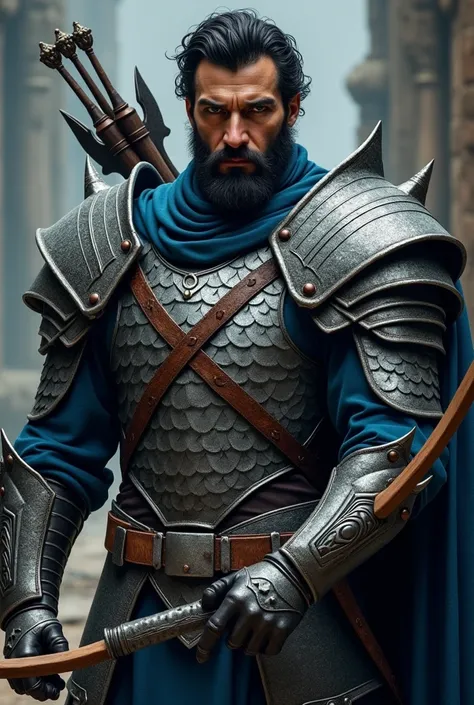 A strong bearded brown man with short wavy black hair with dark purple dragon scale armor and blue cloth underneath and a bow and arrow