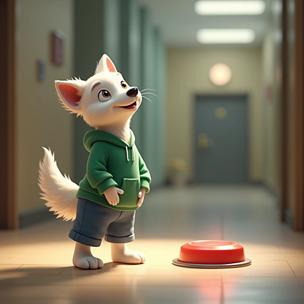 "A realistic image of young white dog stands upright on its two hind legs in a large hall, wearing a green hoodie and blue pants. In front of the dog is a large, shiny red button on the floor. The dogs head is tilted upward, as if looking up and talking to...