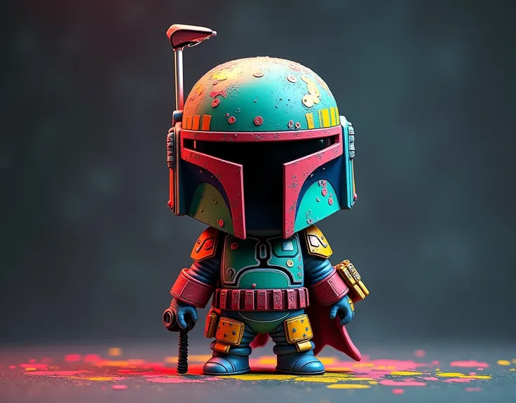 Generate a chibi doll, Multicolor, polychromatic, Abstract, Boba Fett, on a dark background with colorful brush strokes