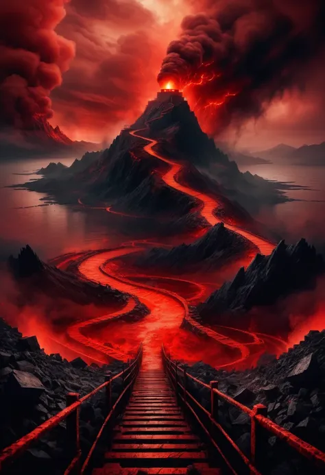 Hellish atmosphere. red frightening sky. An island surrounded by a sickly foggy abyss surrounding it. Prison. Three paths coming from it, one to the gate, one to a surrounding mountain and one to a fiery mine 