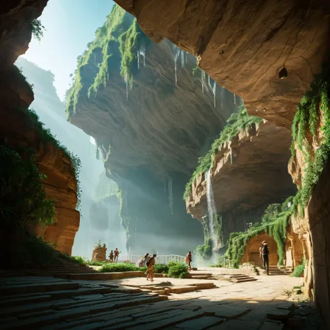 :an awesome sunny cheerful day environment concept art of Futuristic design of cave architecture interiors concept art on grand Canyon caves nature architecture, Proportional,Detailed, Cave Architecture Nature、Meet futuristic architecture on jungle cliffs ...