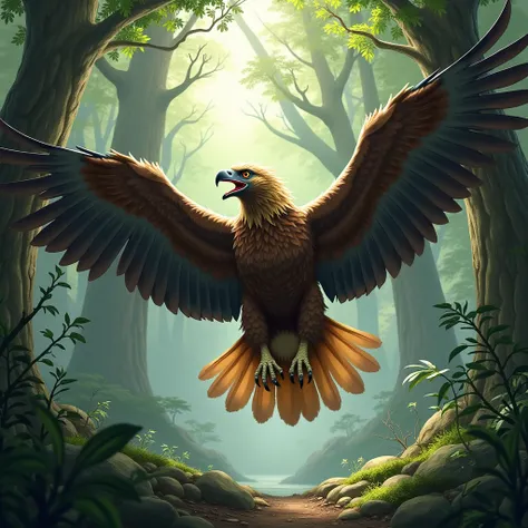 Show a huge eagle in a forest with its mouth open in anger