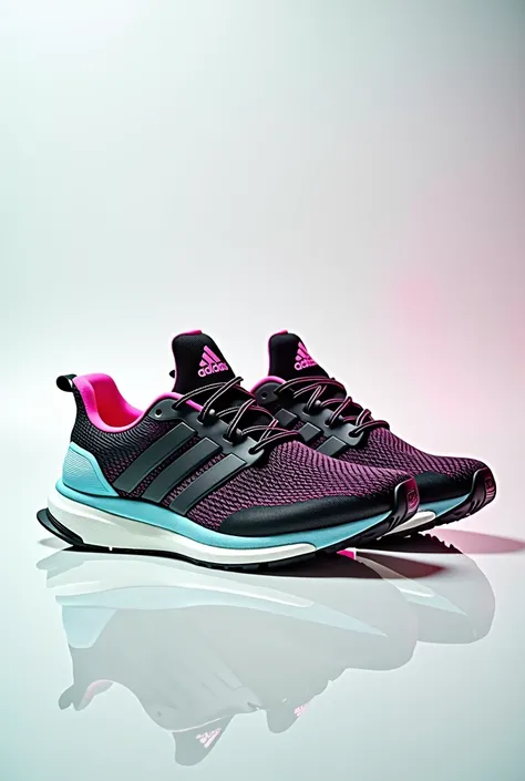 High-performance Adidas running shoes on a white background. The shoes feature a sleek design with breathable mesh fabric, bold three-stripe branding, and a lightweight sole for maximum comfort and speed. The colors are a mix of vibrant neon accents and cl...