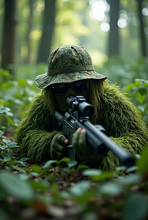 Sniper in Guille suit with an SVD rifle with a jungle hat lying in the jungle 