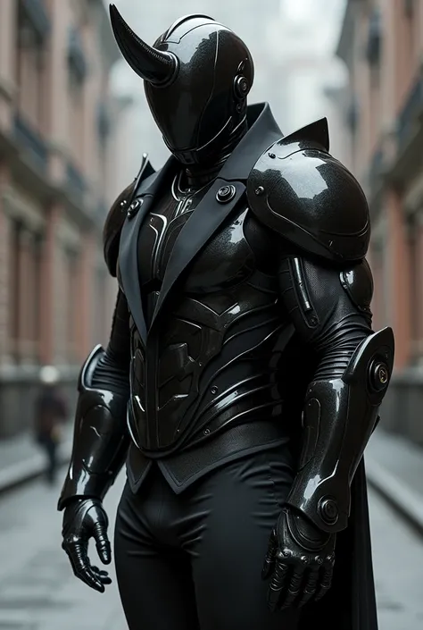 (photorealism:1.2) a buff full body black armour modern style
 black armour made of black metal made by the combination of tuxedo  and sweat pant With a helmet that has a horn on the left side of the head 