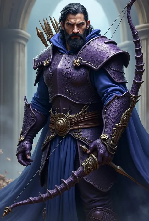 A strong bearded brown man with short wavy black hair wearing dark purple draconic armor and blue cloth underneath and a bow and arrow.