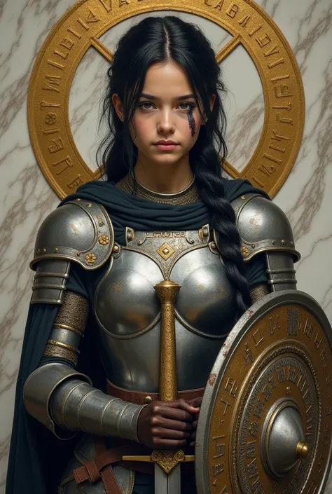 The image shows an extremely beautiful young warrior, with long black hair tied in a side braid. She is dressed in full metal armor, with shoulder plates and intricate silver and gold detailing. The armor looks sturdy and well detailed., protecting the tor...