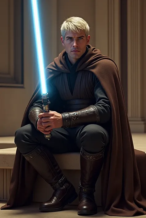 A man of 1.90, short cut, dark blonde hair, with dark blue eyes, in black jedi clothes, with brown boots and brown belt, brown cape and with his saber in hand Sitting in the Jedi council room 

