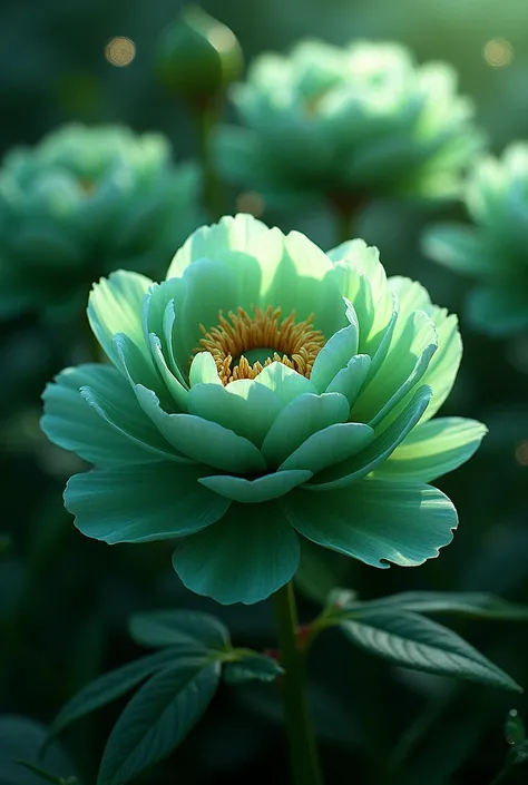 Deep green peonies in full bloom、Close-up、The background is emerald green and sparkling.、