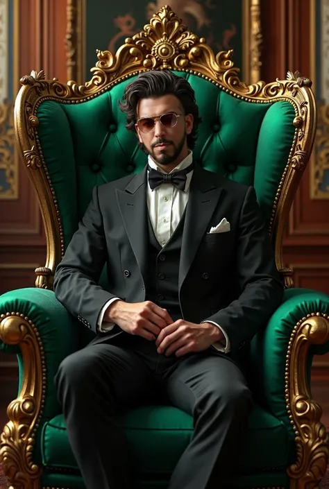 The most handsome man on earth today wearing Victorian clothing, royal green, sitting on a green throne chair.