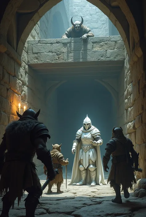 Photorealism. A orc, a kodolbd and a bugbear patrolling a dubgeon corridor. Besides a wall, a holy knight in white armor, white helmet, white cape, is hiding beneath a   walk , waiting for them to pass. Hes holding his sword fron its hilt on its sheath. La...