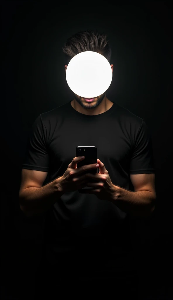 Create an image of a person with an obscured ( white big emoji )  face, wearing a tight black t-shirt, standing against a dark background. The person is holding and looking down at a smartphone in their hands. The lighting should highlight the arms and upp...