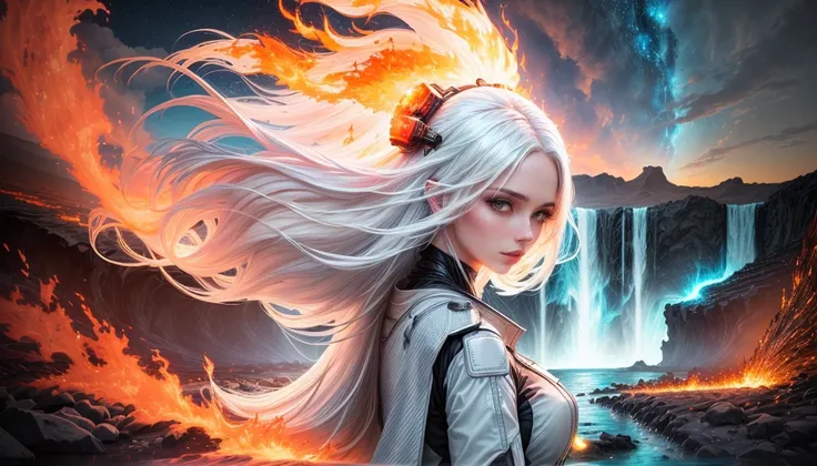 a woman with white hair in the middl eof a natrual disaster, water, fire lava and nature are combining with a bright sky in the background
