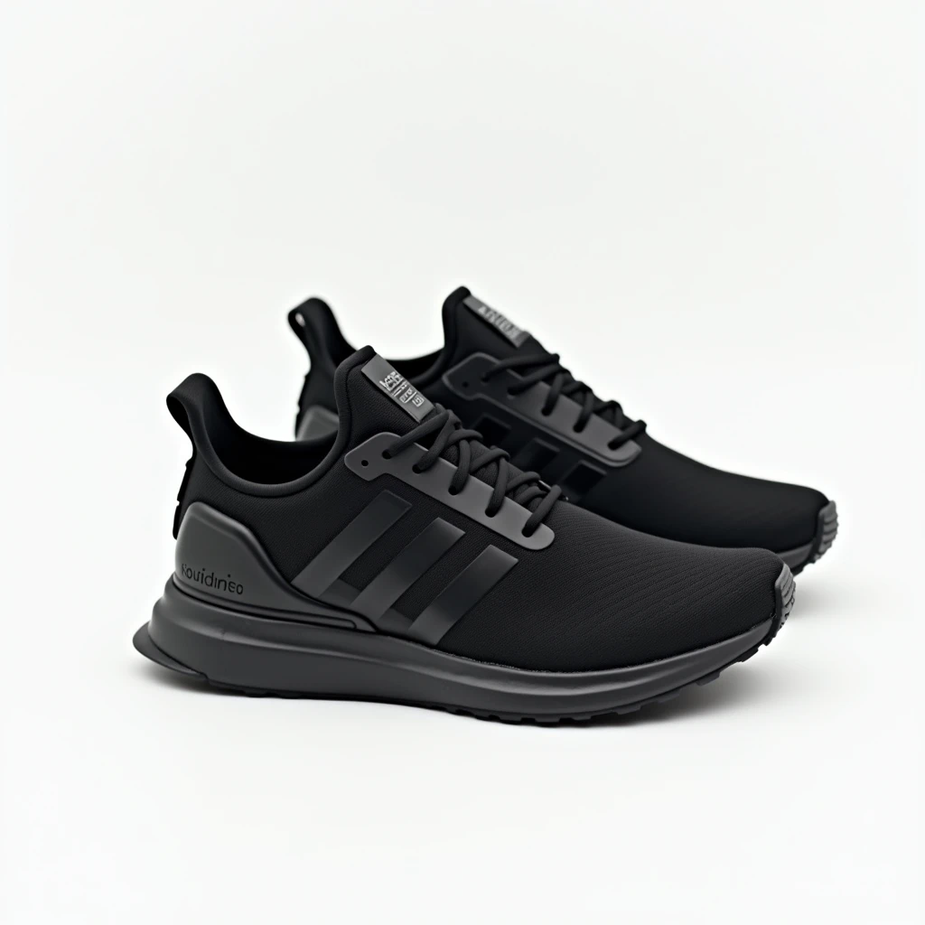 A pair of Adidas running shoes in solid black color, displayed on a plain white background. The design is sleek and modern, with signature Adidas stripes clearly visible.