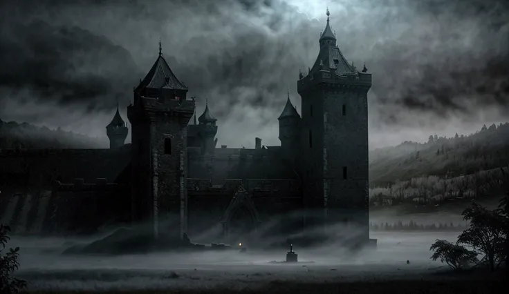 a ghost standing in a foggy banded place, distant palaces, approaching an old castle used by secret society, detailed atmospheric fog, highly detailed, dramatic lighting, cinematic, dark fantasy, moody colors, muted tones, dramatic shadows, (best quality,8...