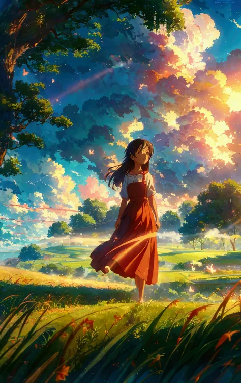 anime girl in red dress walking through a field of grass, early morning, cool summer sky, romantic, peaceful scenery, blue sky, white clouds drifting, warm, gentle sunshine, trees in bloom, golden rice fields, mist, White butterflies around anime countrysi...