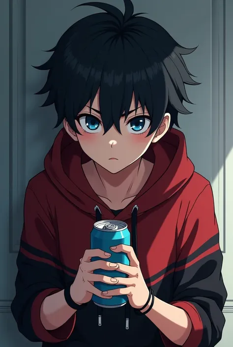 Anime, Serious normal eyes, Stubborn, Drink can of soda, Blue eyes, Black hair, With a bracelet and a red and black hoodie, Flat expression, 1, Bad boy, Boy, Cool, pfp