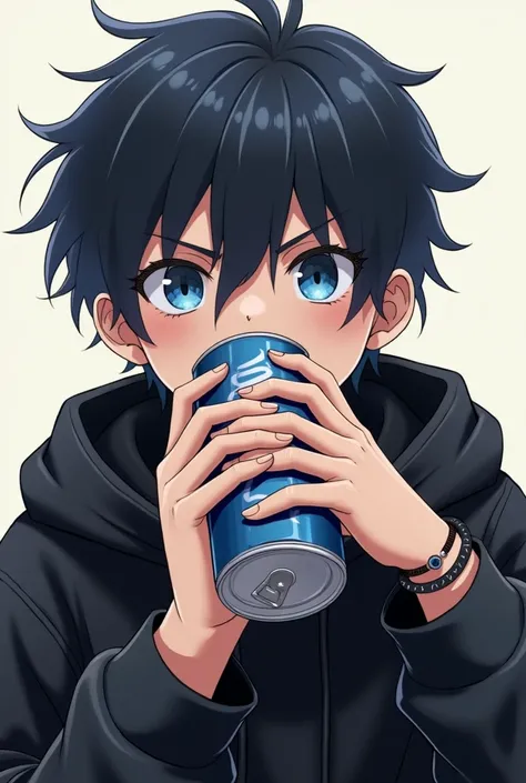 Anime, Serious normal eyes, Stubborn, Drink can of soda, Blue eyes, Black hair, With a bracelet, with a black hoodie, Flat expression, 1, Bad boy, Boy, Cool, pfp