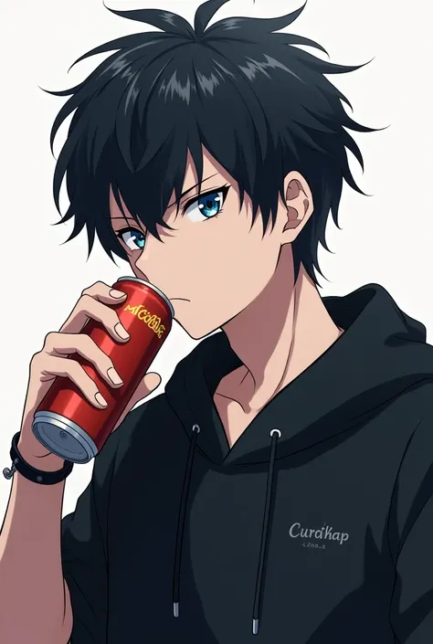 Anime, Serious normal eyes, Stubborn, Drink can of soda, Blue eyes, Black hair, With a bracelet, with a black hoodie, Flat expression, 1, Bad boy, Boy, Cool, pfp