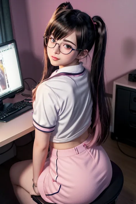 Anime girl with black glasses backs to a computer desk, high quality kawaii rendering, rendering in sfm, deviantart art station cgscosiety, Trends in cgstation, nerd, Hyperrealistic schoolgirl, sitting in her room, Lola bunny fan art, anime style. 8K, a li...