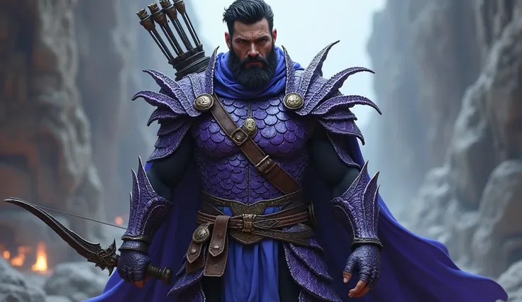 A strong bearded brown man with short wavy black hair wearing dark purple draconic armor and blue cloth underneath and a bow and sword.