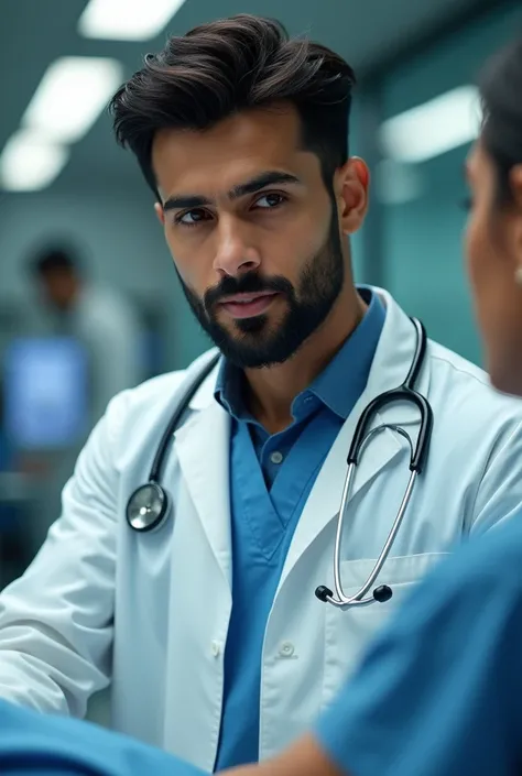 handsome Indian boy with  bearded with looking doctor 