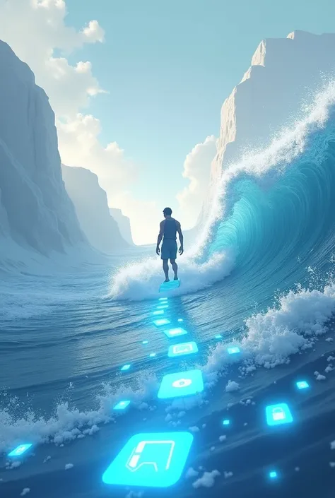 Draw a phone in the distance emitting a wave flowing forward. On the waves are phone apps and a surfer.
