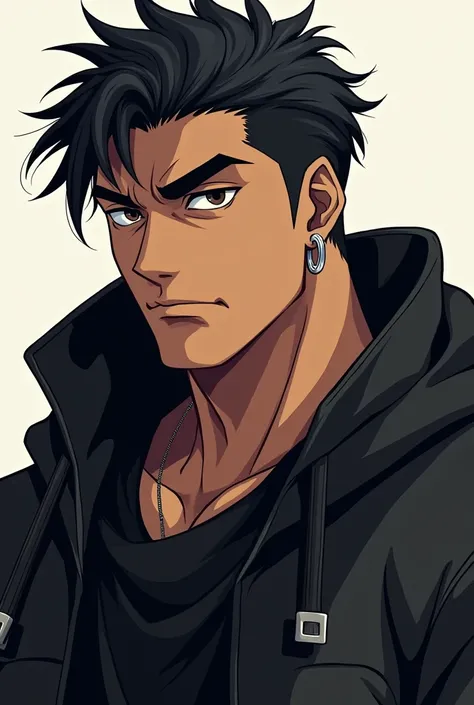 Anime image of a tanned man wearing a black hoodie, a man with earrings, short black hair, and a black scarf.