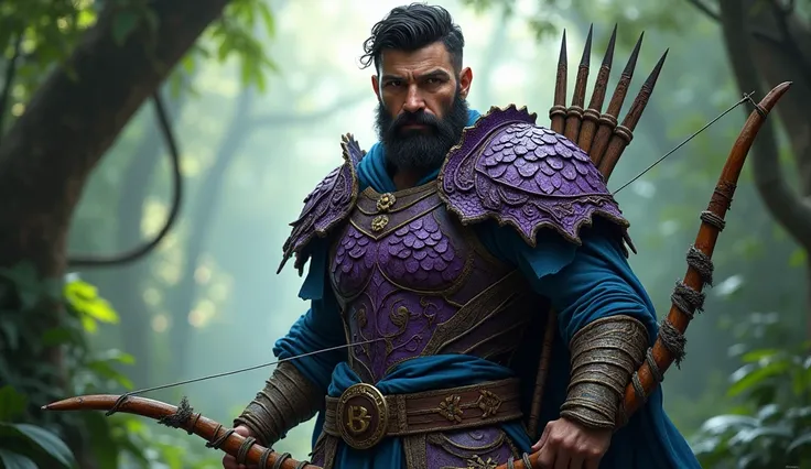 A strong bearded brown man with short wavy black hair wearing dark purple draconic armor and blue cloth underneath and a jungle wood bow.