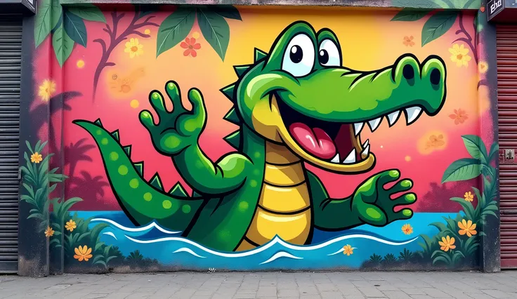 Graffiti on the street wall,A cartoon baby crocodile is embedded in the wall，Only half of the body is exposed,Alligator head exposed,Feet in the air,Then the crocodile was so happy,front view,3d，There&#39;s that feeling of expansion,Bright and clear HD UHD...