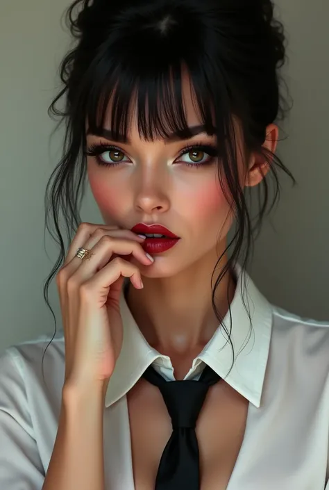 1 Spanish woman with straight hair updo, Straight bangs, brown color,dark eyes, big eyelashes, made up, thick lips, lower lip bite, mischievous smile, very unbuttoned white shirt, black tie, realism 