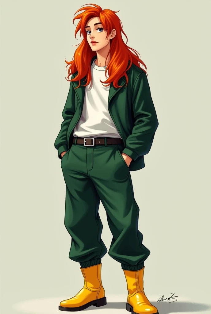 Young man, flash clothes, dark green pants, yellow boots, hands in pockets, long red hair