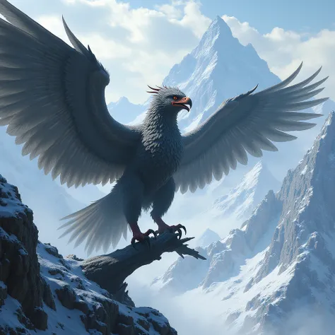 A huge Garuda bird is sitting angrily on a branch in the snowy mountains.