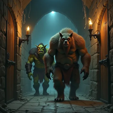 A bugbear and an orc patrolling a unground dungeon corridor, some doors with torches